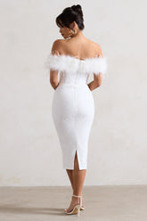 White Lace Bardot Midi Dress With Feather Trim